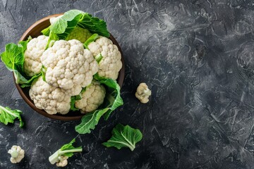 Fresh whole organic white cauliflower on dark stone vintage background table, ready to be cooked, top view with copy space. Vegetarian food, clean eating concept .