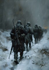 Wall Mural - A group of soldiers walking through the snow in the middle of a blizzard