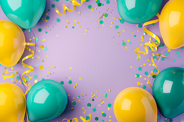 Frame of bright yellow and teal balloons, shimmering streamers, and confetti on a soft purple background, carnival theme.