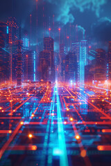 Wall Mural - A digital futuristic city in the background with glowing lines in the foreground 