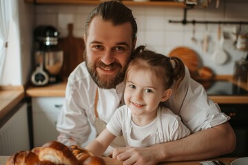 Wall Mural - Handsome father with his little cute girl are having breakfast on kitchen. Happy Father's Day.