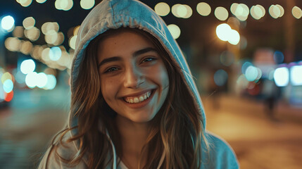 Young teenage girl in a hoodie on a night city street