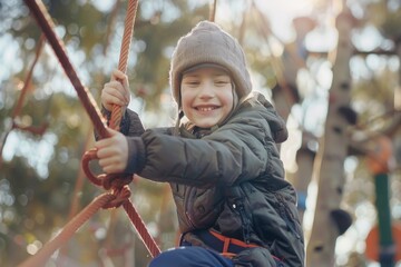 Wall Mural - Happy child enjoying activity in climbing adventure in the park. Outdoor activity concept.