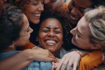 Wall Mural - Happiness group of people huddle and smiling together. Solidarity and teamwork concept.