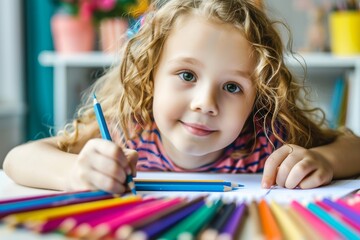 Wall Mural - Happy child girl draws with colored pencils in white room studio