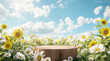 © Pattra - wooden podium surrounded by blooming sunflowers and chamomile , set against a bright summer sky backdrop