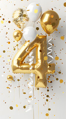 golden foil number 4 balloon birthday design with balloons, party favors, ribbons, confetti and glit