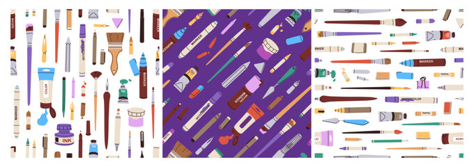 Wall Mural - Art supplies, tools pattern. Seamless background design, creative stationery print with paint brushes, pens, pencils, ink, calligraphy and drawing items. Flat vector illustrations set for wrapping