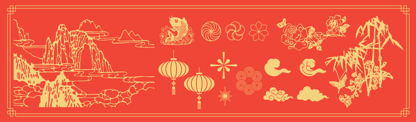 Wall Mural - Asia elements. Chinese festive decor dragon, cherry blossom flower, firework, hanging lantern, cloud, gold floral pattern, ornament, moon. Asian Lunar New Year. Oriental culture tradition.