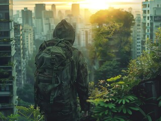 A solitary figure in a hooded jacket explores an abandoned urban jungle, overgrown with plants amidst weathered buildings in a misty environment.