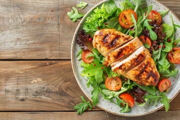 Poster - Healthy green vegetable salad with grilled chicken breast fillet on ceramic plate on rustic wooden kitchen table top view flat lay, diet food and clean eating concept, space for text background.