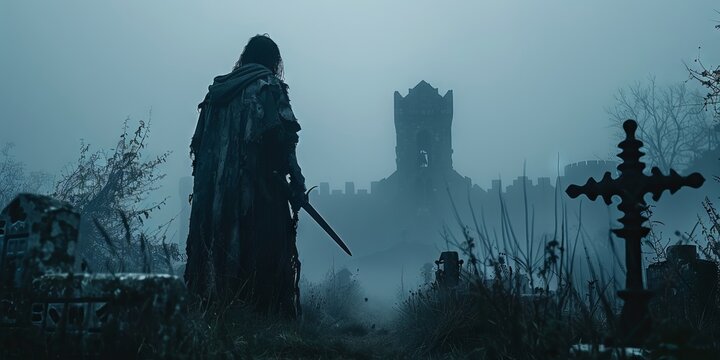 A lone warrior stands in a foggy graveyard, sword in hand, as an ancient castle looms in the background under a haunting sky.