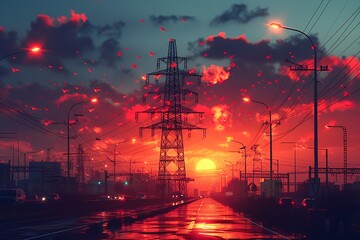 Wall Mural - Silhouette of High voltage electric tower on sunset time background