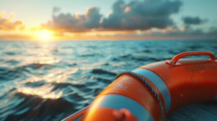 Wall Mural - Life preserver on a boat at sunset with calm ocean views