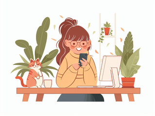 Wall Mural - A girl with glasses is sitting at her desk, holding an phone and smiling happily as she reads the message on it. There is also a cat beside her. The illustration style should be a flat vector cartoon