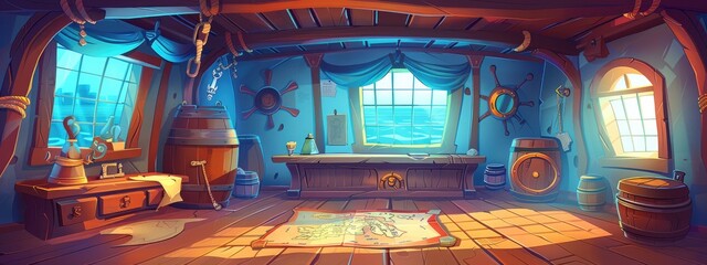 The interior of the captain's cabin of a pirate wooden ship, inside there is a wooden table and map.