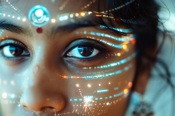 Wall Mural - A closeup of an indian woman face with futuristic digital symbols, lines illuminating her face, focus on her pupils 