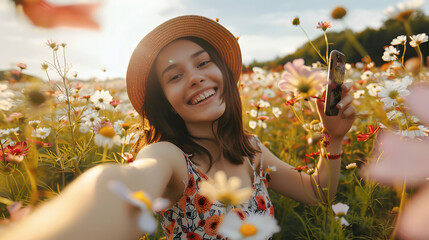 Wall Mural - Young happy woman taking selfie in stylish summer dress feeling free in flower blossom field in sunshine, Girl enjoys flowers, Nature, vacation, relax and lifestyle, Summer landscape, generative ai