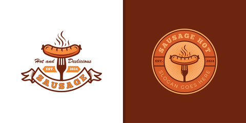 Vintage retro sausage grill logo design with emblem for barbecue party graphic logo template