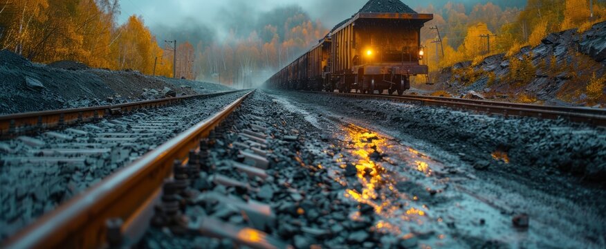 A train loaded with coal travels along the industrial railway tracks, a symbol of the crucial role rail plays in energy delivery.