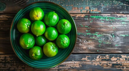 Canvas Print - Plate of fresh limes on a wooden table, top view.