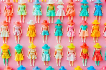 Wall Mural - colorful plastic toy dolls dressed for summer beach day neatly arranged in rows minimal concept illustration