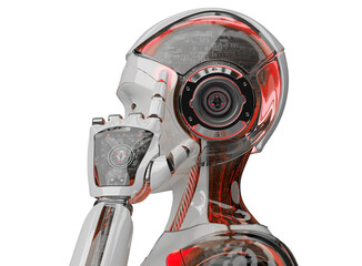 Poster - Futuristic woman robot touching her head. Isolated cyborg using artificial intelligence. 3D rendering white and red humanoid cut out with transparent background