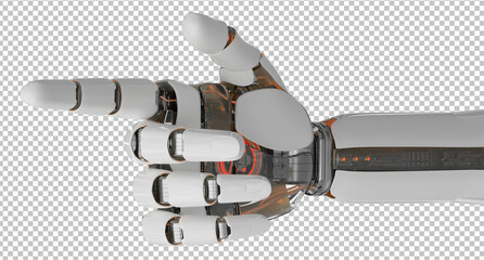 Poster - Isolated robot hand pointing finger. 3D rendering white and red cyborg arm. Humanoid fingers cut out with transparent background
