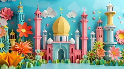 Intricate papercraft mosque with vibrant flowers and details