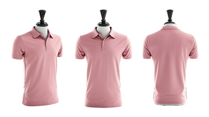 Wall Mural - A light pink polo shirt on a mannequin, front, perspective, and back view, isolated on a transparent background.