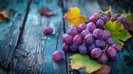 Wall Mural - Grapes on Rustic Table Setting, Harvest time, a stage in the wine-making process, les vendanges, grape harvesting, a seasonal job.