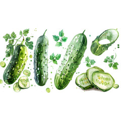 Wall Mural - Set Cucumber on a white background watercolor hand drawing