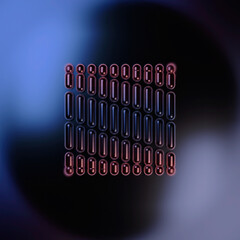 Wall Mural - Digital illustration of a group of capsules arranged in a square on a dark glossy background. 3d rendering