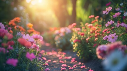 Wall Mural - Tranquil garden with blooming flowers, natural light, peaceful atmosphere