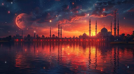 Wall Mural - A beautiful night sky with stars and the crescent moon.
