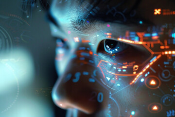 Wall Mural - A closeup of an Asian man face with futuristic digital symbols, lines illuminating his face, focus on his pupils 