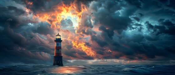 Wall Mural - Low-angle view of a lighthouse with a stormy sky,