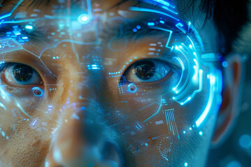 Wall Mural - A closeup of an Asian man face with futuristic digital symbols, lines illuminating his face, focus on his pupils 