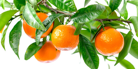 Wall Mural - Close-up of ripe Tangerines on a tree branch. Vibrant citrus fruits and green leaves convey freshness and healthy living