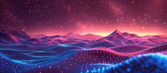 Wall Mural - Abstract digital landscape with particles dots and stars on horizon