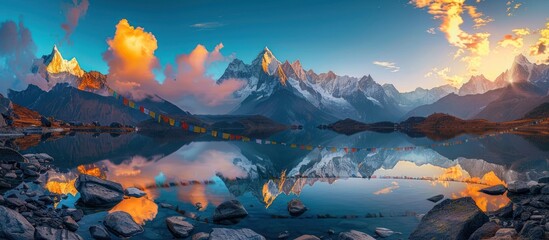 Wall Mural - Beautiful landscape with high mountains with illuminated peaks,