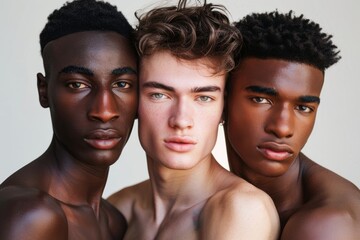 Wall Mural - Portrait of three handsome men with unique skin tones on white background. Skincare and diversity concept.