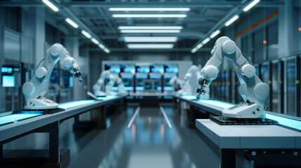 A robot is in a room with other robots. The robot is white and has a black head. The room is very clean and organized
