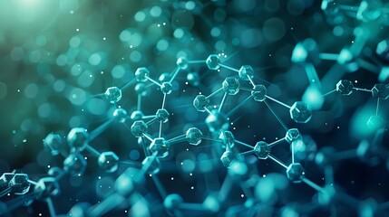 Wall Mural - A vibrant background image featuring interconnected geometric shapes in shades of blue and green, overlaid with a detailed molecular model highlighting the structure of a complex organic compound.