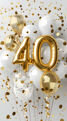 Wall Mural - Golden foil number 40 balloon birthday design with balloons, party favors, ribbons, confetti and glitter