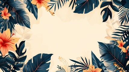 Wall Mural - Orange blooms and lush greenery background. Decorative tropical plant border