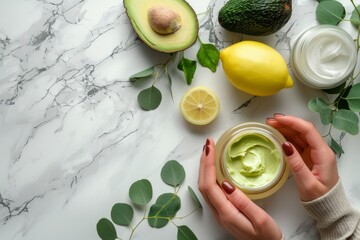 Wall Mural - Natural organic ingredients and female hands holding cosmetic cream, avocado, honey, lemon and eucalyptus on white stone background, cosmetics and skin care for face and body care, space for text.