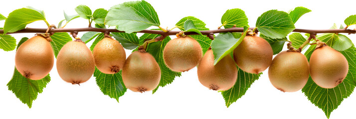 Wall Mural - Close-up of ripe Kiwis on a tree branch. Vibrant citrus fruits and green leaves convey freshness and healthy living.