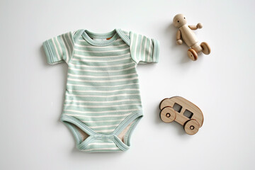 Sticker - Baby boy onesie on a light background. Fashion newborn clothes. Flat lay, top view. Baby kids soft clothing set, wooden toys. Infant trendy bodysuit made of organic eco friendly cotton. Gender neutral