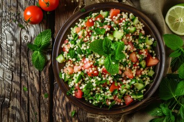 Wall Mural - Middle eastern and Mediterranean traditional vegetable salad tabbouleh with couscous on rustic metal plate and wooden background from above. Arab Turkish food.